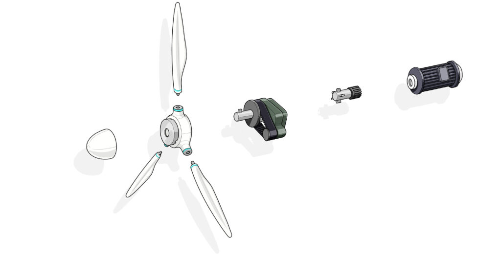 illustration mécanique représentant un éclaté d'une éolienne