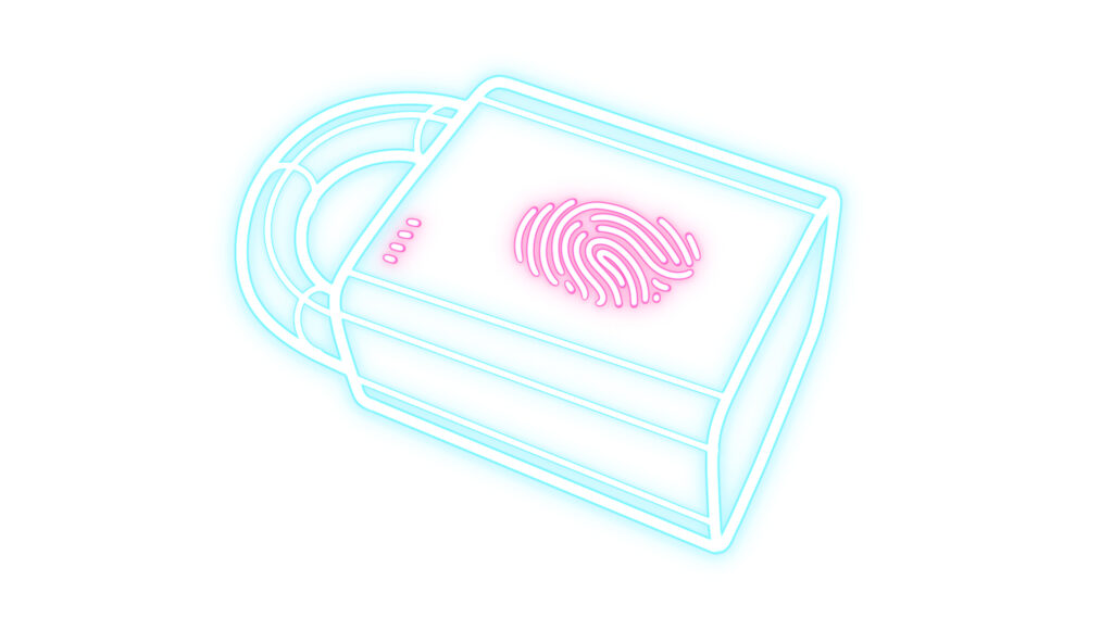 Pôle IT - illustration de néon à la forme d'un cadenas avec une identification via empreinte digital